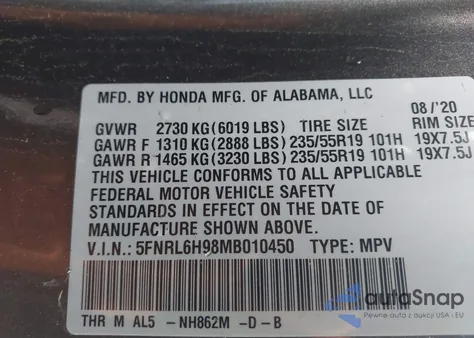 2021 Honda Odyssey Elite z USA, uszkodzony, nr VIN 5FNRL6H98MB010450